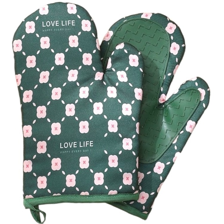 2 db sütőkesztyű készlet, hőálló, 330 fok, textil és gumi, 26,5 cm x 18 cm, zöld és rózsaszín