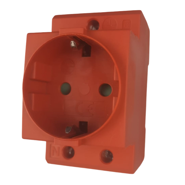 Priza rosie 16A 250V schuko 2P+E cu protectie copii IP30 cu montaj pe sina DIN 35mm omega