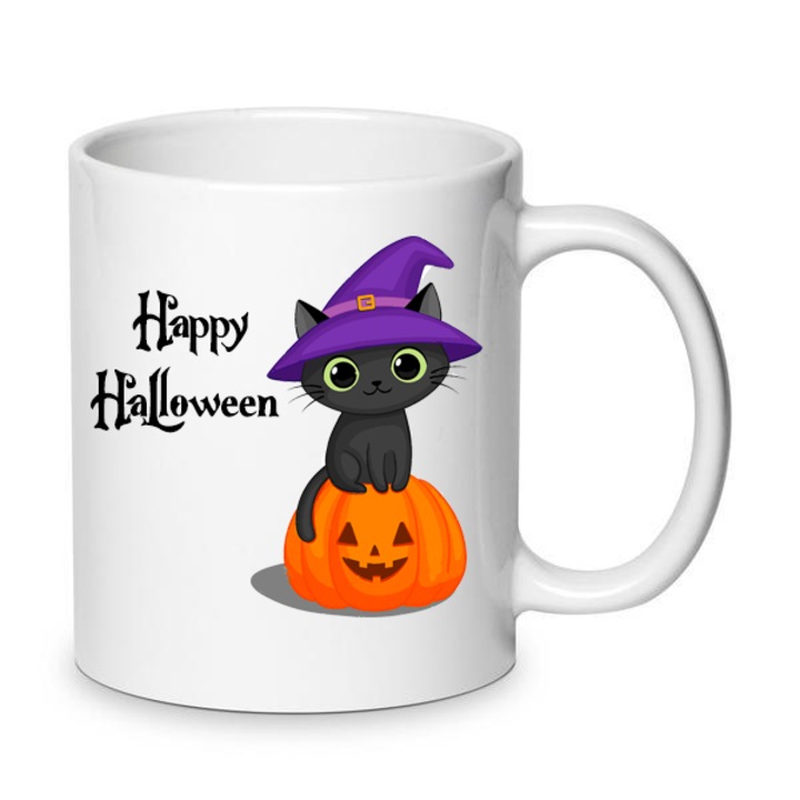 Cana, Chn, Ceramica, Model pisica si dovleac cu mesaj "Happy Halloween", 330 ml, Alb