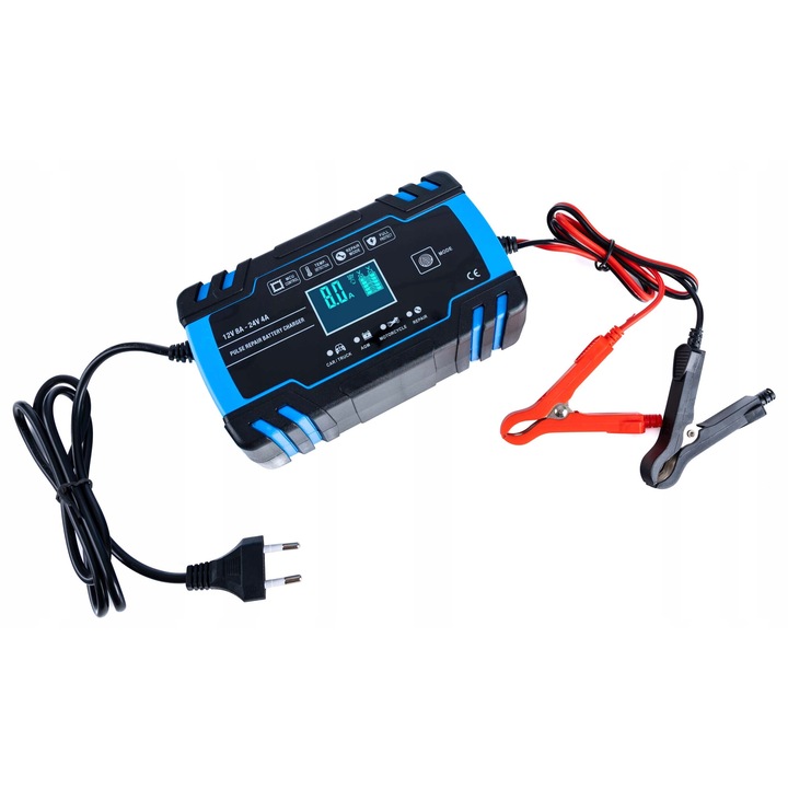 Gotel autós egyenirányító, 12/24V, akkumulátor javító funkció, 4 üzemmód, fekete/kék