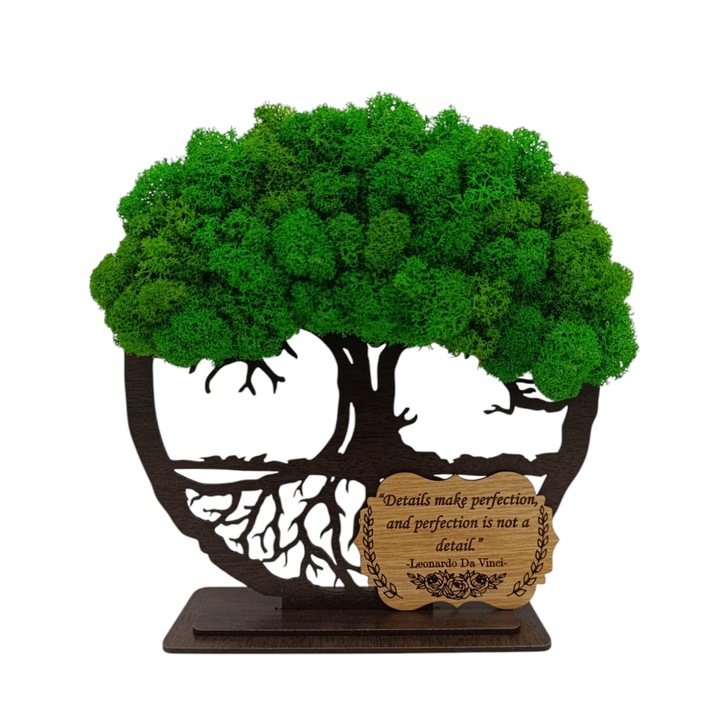 Cadou personalizat, copacul vietii cu licheni si placuta cu mesaj standard in engleza, model nou, wenge, dimensiune 15cm