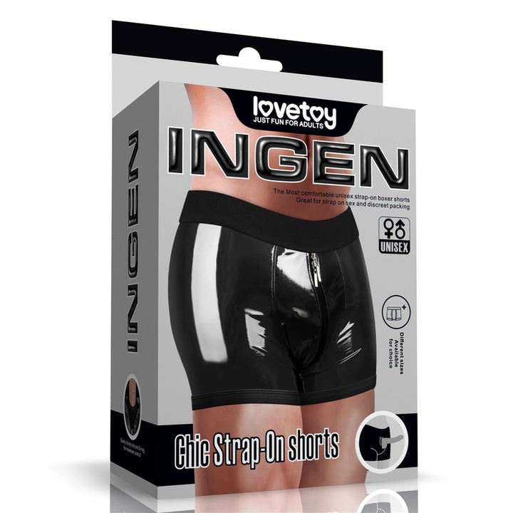 Shorts Strap-On LOVETOY, negru, 40-43 inch talie, cu buzunar pentru vibratii, dublu fermoar