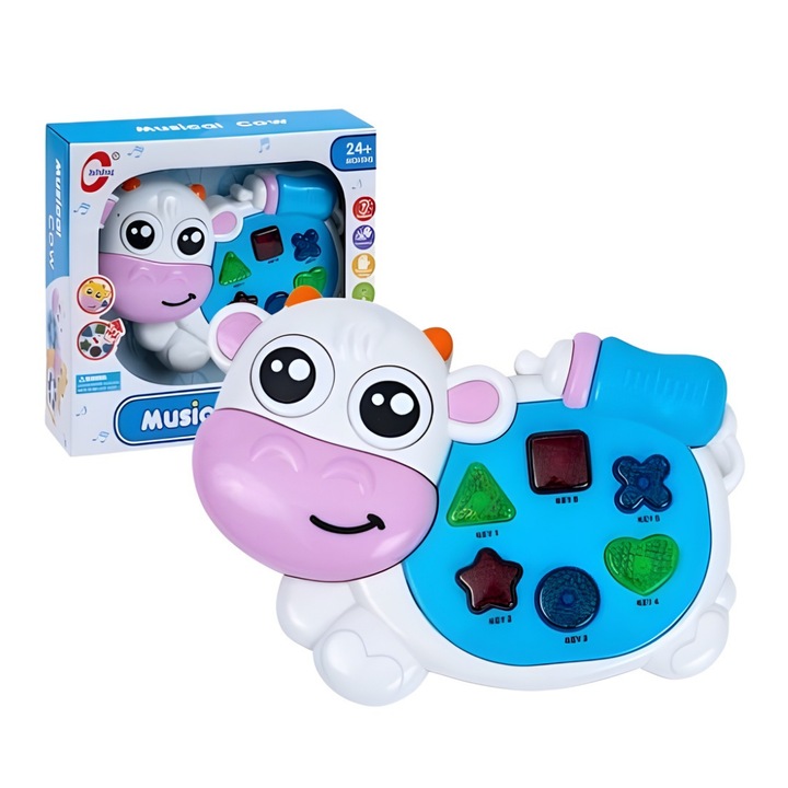 Jucarie Interactiva Macvi® Musical Cow, Multicolor, cu Lumini, Muzica si Sunete, 2+