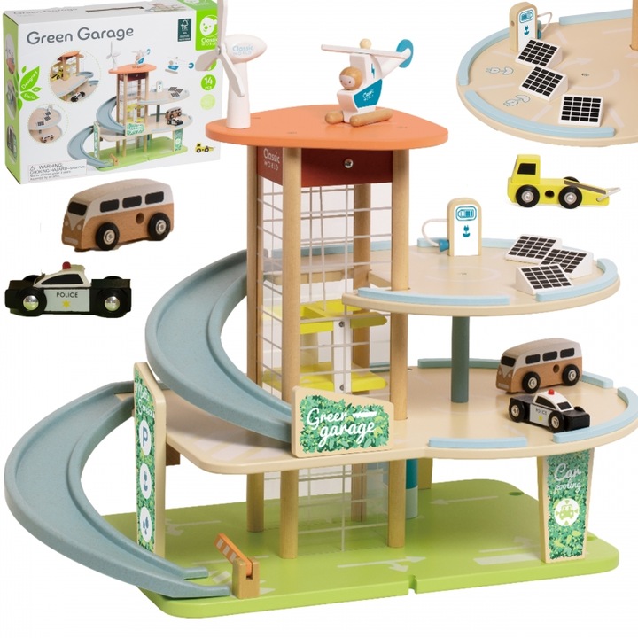 Дървен гараж на 3 нива с асансьор и зарядна станция, комплект с 4 автомобила, Classic World, Eko Strefa