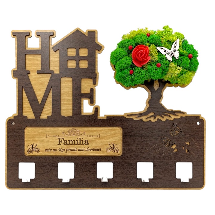 Cuier pentru perete, cadou personalizat decorat cu licheni si mesaj standard personalizat "Familia este un Rai primit mai devreme!", dimensiune 40x30cm