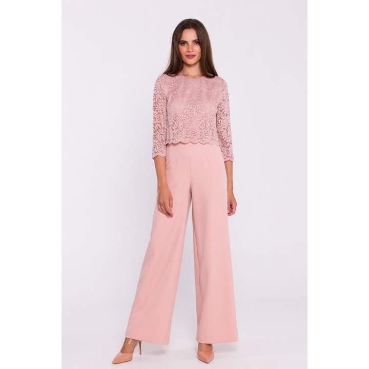 Jumpsuit széles nadrággal és csipke felsővel, Stylove, Púderrózsaszín, XXL