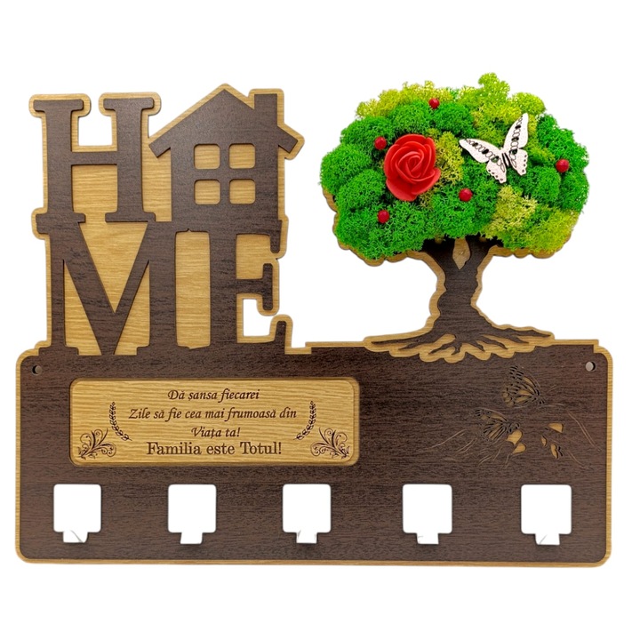 Cuier pentru perete, cadou personalizat decorat cu licheni si mesaj standard personalizat "Da sansa fiecare zile sa fie cea mai frumoasa..", dimensiune 40x30cm