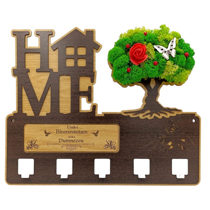 Cuier pentru perete, cadou personalizat decorat cu licheni si mesaj standard personalizat "Unde-i Binecuvantare acolo este Dumnezeu", dimensiune 40x30cm