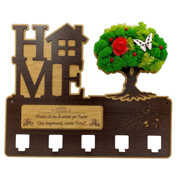 Cuier pentru perete, cadou personalizat decorat cu licheni si mesaj standard personalizat "Poate ca nu le avem pe toate, dar impreuna avem totul!", dimensiune 40x30cm