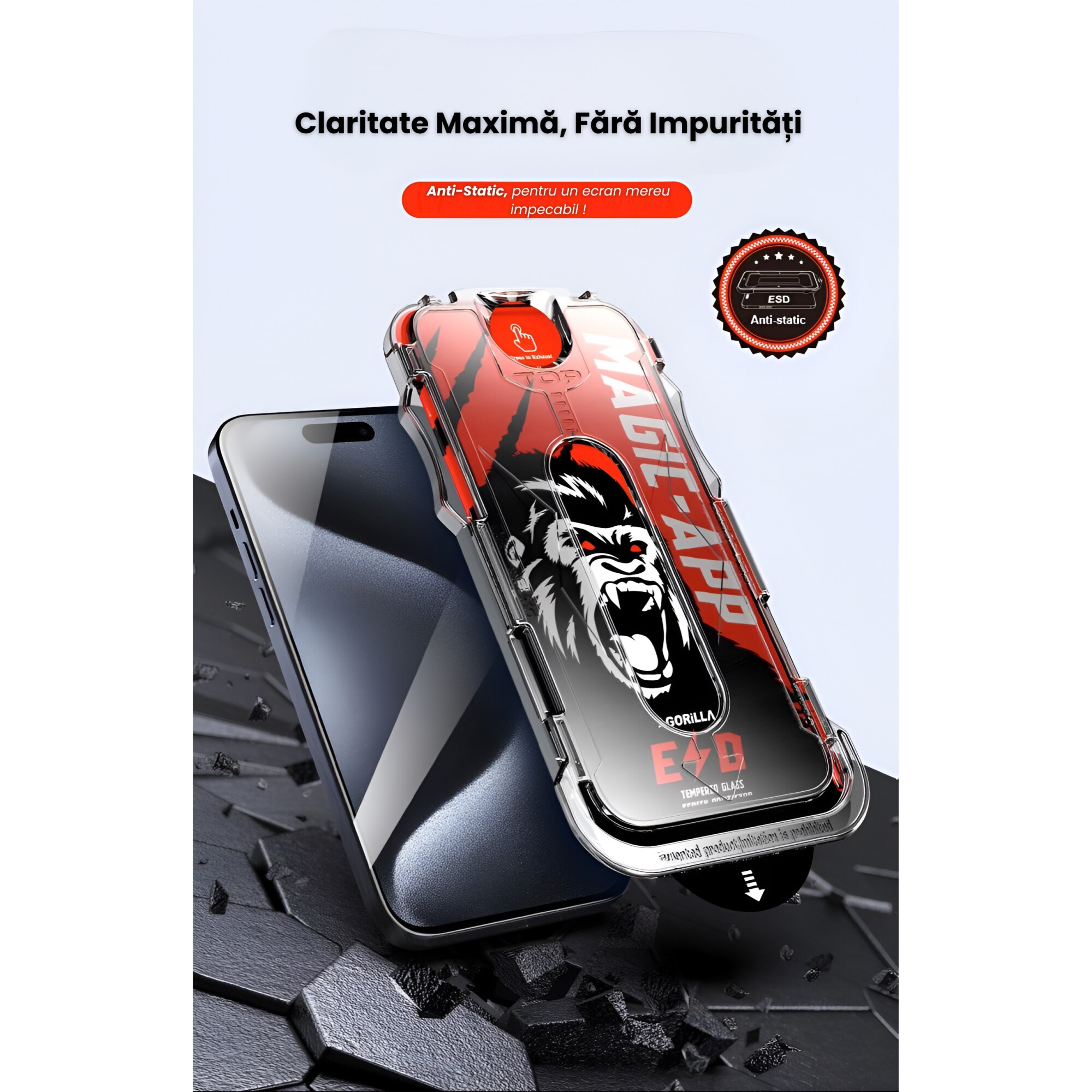 Set 2 Folii Transparent Glass, Compatibil cu Iphone 16 ProMax, Sticla Securizata, Gorila X instalare usoara cu dispozitiv EASYAPP pentru indepartarea prafului, Anti-zgarieturi, Anti-amprenta, Anti-explozie, Anti-soc, Anti-ulei, Anti-orbire