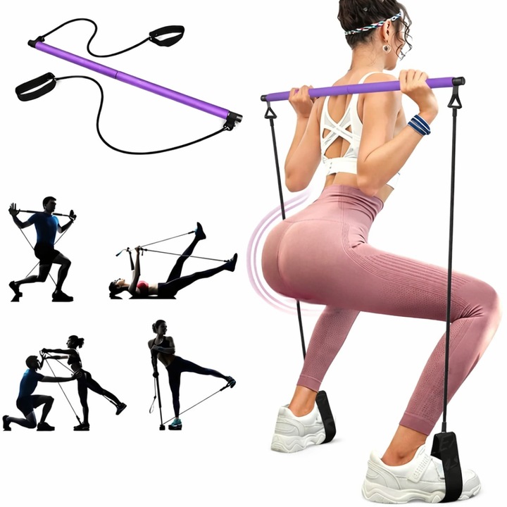 Bara Fitness Macvi® cu Benzi Elastice Reglabile, Multifunctionala pentru Antrenamente Complete, Rezistenta Ajustabila, Culoare Mov