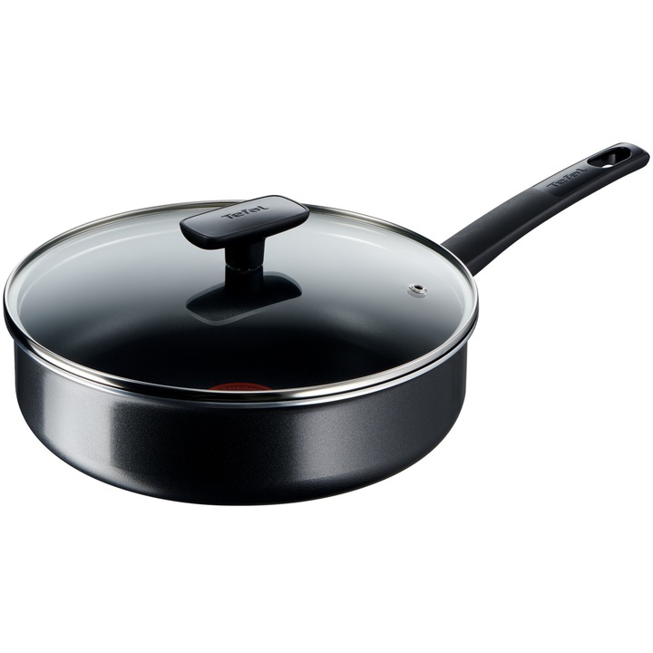 Тиган Tefal Simplicity+ със стъклен капак, Незалепващо покритие, Индикатор Thermo-Signal, Ергономична дръжка, 24 см, Черен