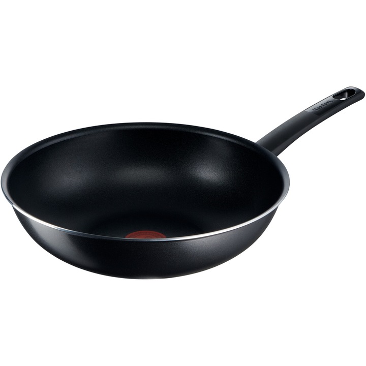 Уок тиган Tefal Simplicity+, Незалепващо покритие, Индикатор Thermo-Signal, Дифузионна основа, Дълбока форма, Ергономична дръжка, 28 см, Черен