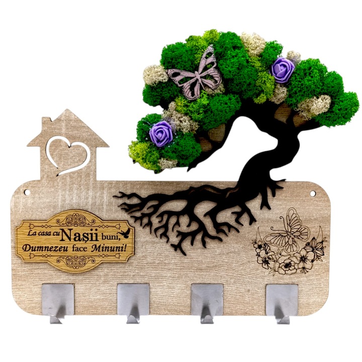 Cuier pentru perete, cadou personalizat decorat cu licheni si mesaj standard personalizat "La casa cu Nasii buni...!", dimensiune 38x28cm