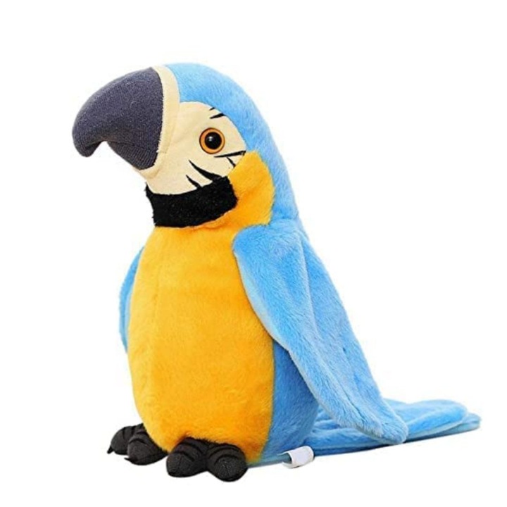 Plüss beszélő papagáj, interaktív, pihe-puha tollakkal és valósághű kialakítással, ideális gyerekeknek, serkenti a nyelvi fejlődést és a kreativitást, tökéletes ajándék születésnapra és ünnepekre, szórakoztató és tanulságos társ kicsiknek, 22 cm, kék