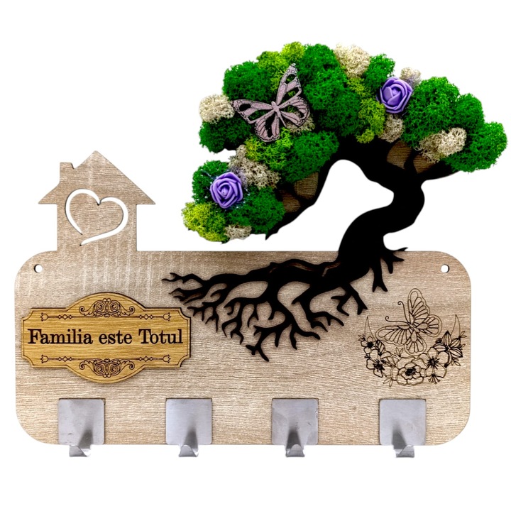 Cuier pentru perete, cadou personalizat decorat cu licheni si mesaj standard personalizat "Familia este totul!", dimensiune 38x28cm
