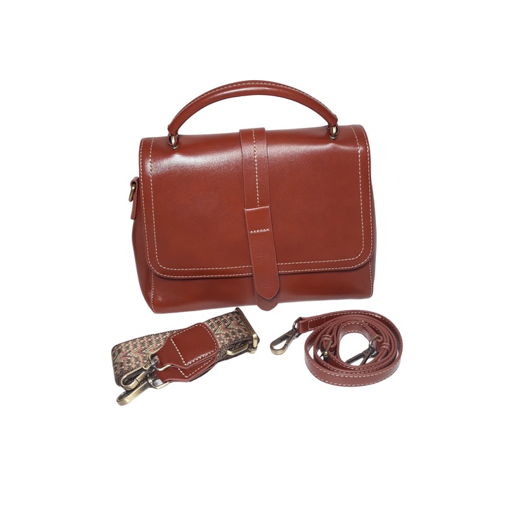 Geanta dama, din piele naturala, maro coniac, cu doua barete, dimensiune 25 x 12 x 20 cm