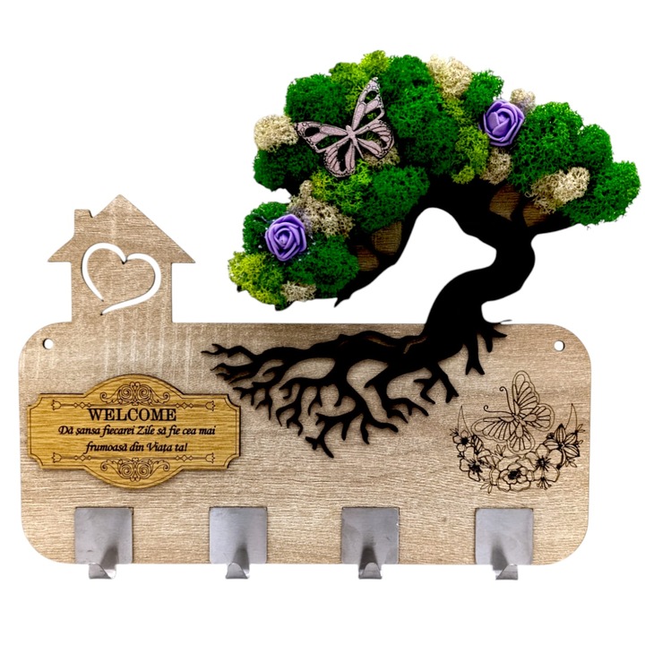 Cuier pentru perete, cadou personalizat decorat cu licheni si mesaj standard personalizat "Da sansa fiecarei zile sa fie...!", dimensiune 38x28cm