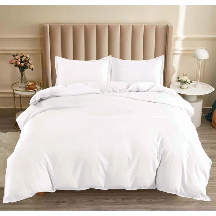 Set Lenjerie Eleganta CHIRASO, pentru 1 sau 2 persoane, din FINET, 4 piese, Cearceaf de pat 155 x 220 cm, Husa pilota 155 x 200 cm, 2 fete de perna 55 x 75 cm, UNI, ALB