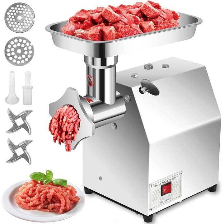 Masina tocat carne electrica profesionala, MK-12, 1650 W, 250 kg/h, constructie Inox, 2 site si 3 cutite incluse, Calitate TOP
