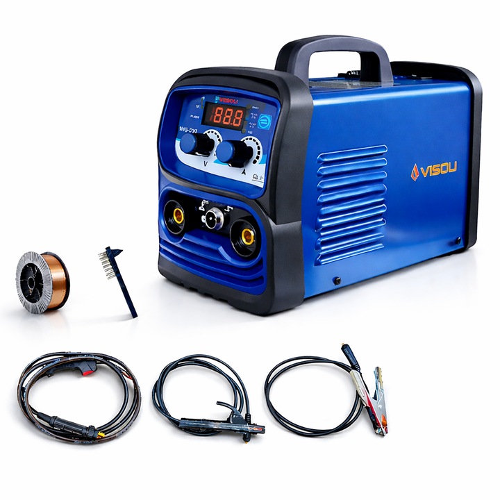 Pachet aparat de sudura + rola de sarma flux Visoli MIG-MAG, 230 V, 45-250 A curent, 52 V tensiune in gol, 0.8 - 0.9 mm diametru sarma