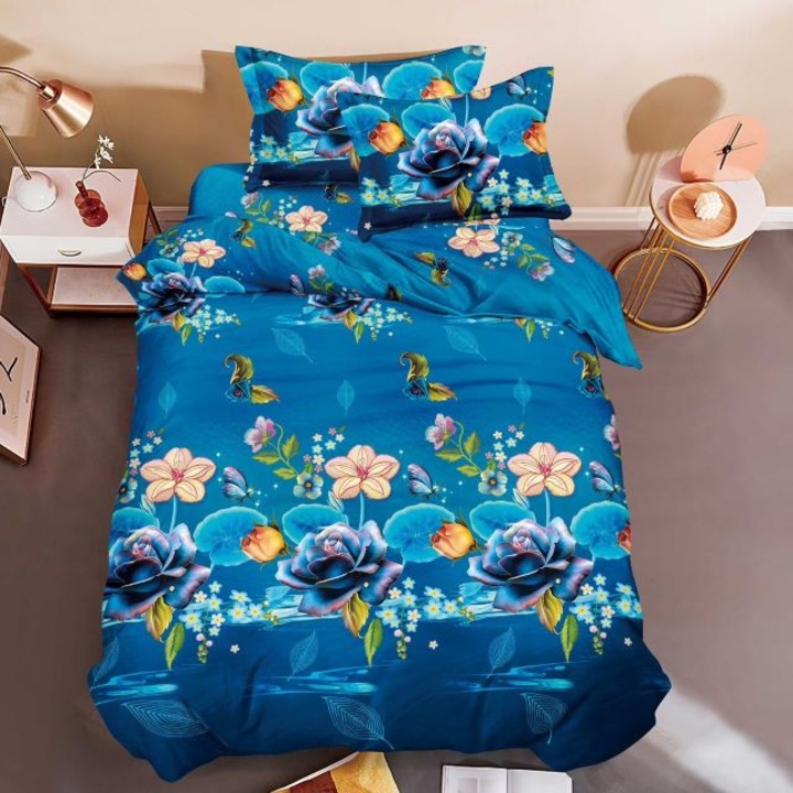 Set lenjerie de pat, 1 persoana, 150 x 220 cm, bumbac satinat, 4 piese, Casa de Vis, BG-21