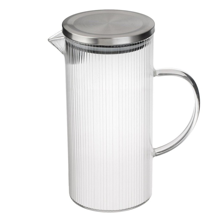 Shopiens® стъклена кана за вода с раирана шарка и метален капак, 1.3 L