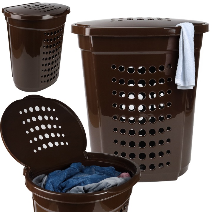 Szennyes kosár 60L, tetővel, Műanyag, Viking, Barna