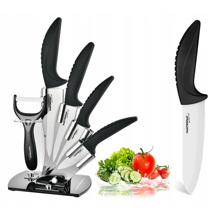 Set 5 cutite ceramice cu obieracza, Masterpan, alb-negru, dimensiuni 3"x6"