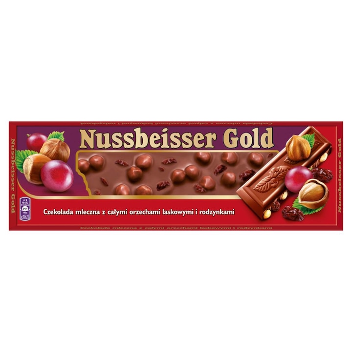 Ciocolata cu lapte Mondelez Nussbeisser Gold cu alune intregi si stafide 220 g