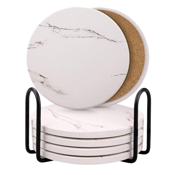 Set 6 suporturi pentru bauturi din ceramica, Enforose, alb, 10.3x10.3cm, cu suport metalic negru