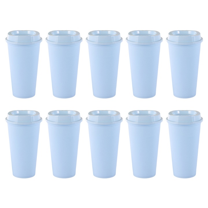 Set 10 cesti de cafea reutilizabile din plastic, Enforose, 16oz, cu capac, rezistente la scurgeri, 16x9.2x5.8cm