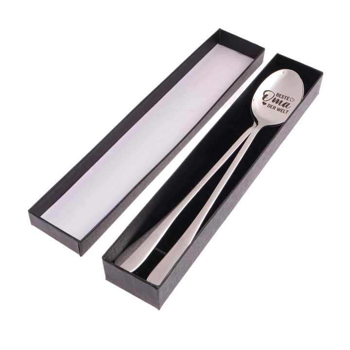 Set 2 linguri de cafea din inox cu gravura, Enforose, 19.6x3cm, culoare argintie