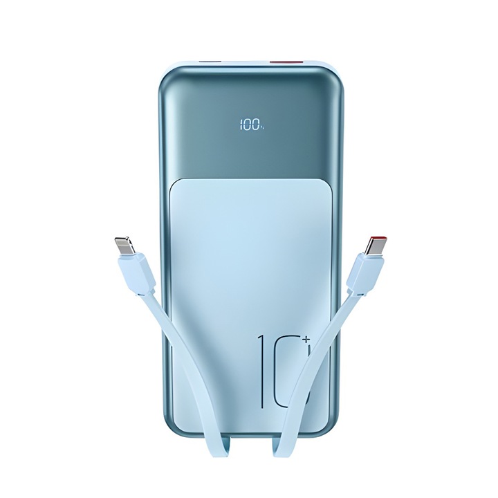 Baterie externa 10000 mAh, XO, PR248, 20W PD, 22.5W QC + Digital display + cabluri integrate: Type-C si Lightning, albastra