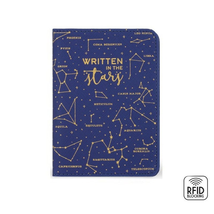 Suport pentru pasaport, Legami, protectie RFID, albastru/auriu