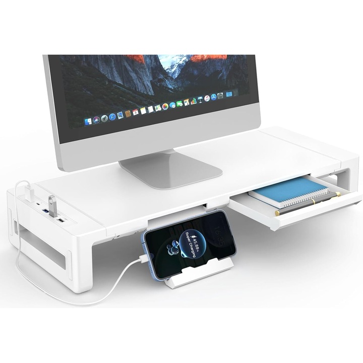 LYCENXI monitortartó, szélességében állítható, 3 USB porttal, fehér asztali rendszerező, 47x6x8.5cm