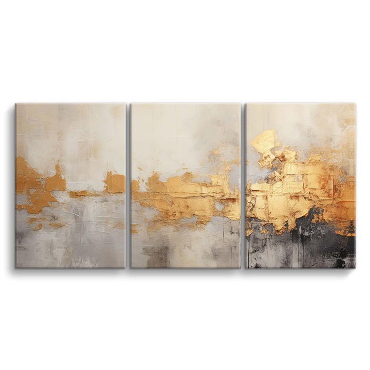 Set Tablouri Abstract, Deco Walls, Digital Print, Pentru Camera De Zi, Fara Rama, Panza, 3 Piese, Dreptunghi, 60 x 120 cm, Gri, Auriu