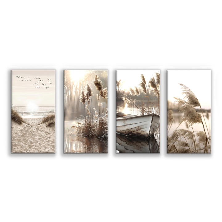 Set Tablouri Boho Scandinav, Deco Walls, Digital Print, Pentru Camera De Zi, Fara Rama, Panza, 4 Piese, Dreptunghi, 80 x 160 cm, Bej, Gri