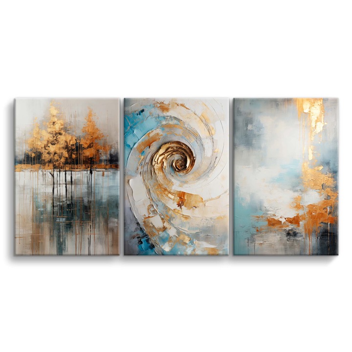 Set Tablouri Abstract, Deco Walls, Digital Print, Pentru Camera De Zi, Fara Rama, Panza, 3 Piese, Dreptunghi, 60 x 120 cm, Gri, Auriu, Albastru