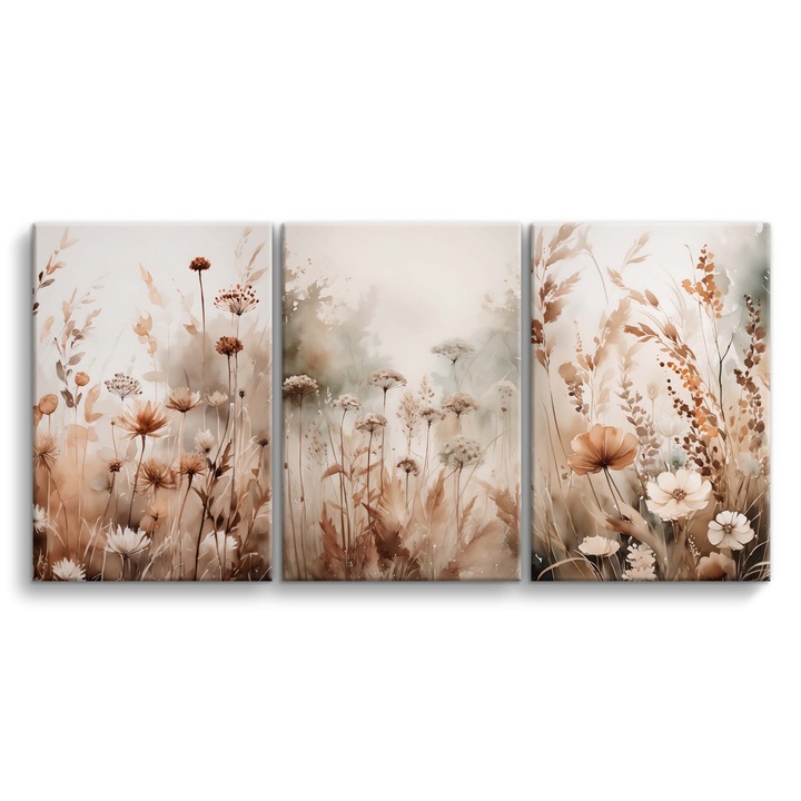 Set Tablouri Boho Meadow, Deco Walls, Digital Print, Pentru Camera De Zi, Fara Rama, Panza, 3 Piese, Dreptunghi, 60 x 120 cm, Bej, Gri