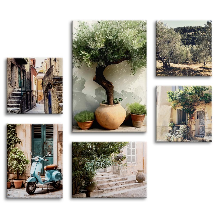 Set Tablouri Imagine Italia, Deco Walls, Digital Print, Pentru Camera De Zi, Fara Rama, Panza, 6 Piese, Dreptunghi, 100 x 140 cm, Multicolor