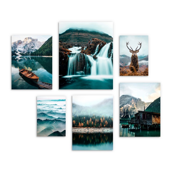 Set Tablouri Peisaje Montane, Deco Walls, Digital Print, Pentru Camera De Zi, Fara Rama, Hartie Fotografica, 6 Piese, Dreptunghi, 100 x 100 cm, Albastru, Bej