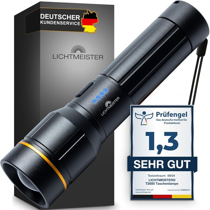 LED акумулаторно фенерче LICHTMEISTER, Черен, ‎21 x 7 x 8 cm, 5000 mAh, 2000 лумена, IP44 Водоустойчивост