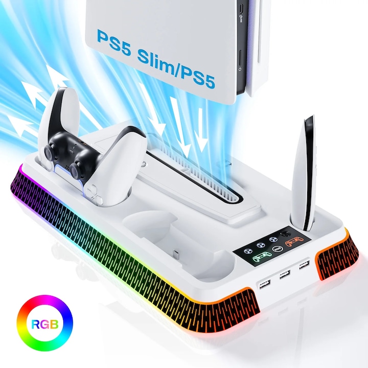 RBG hűtőállvány világító konzol PS5-höz, PS5Slim játék optikai meghajtó digitális változat fejakasztóval, PlayStation konzol kiegészítők