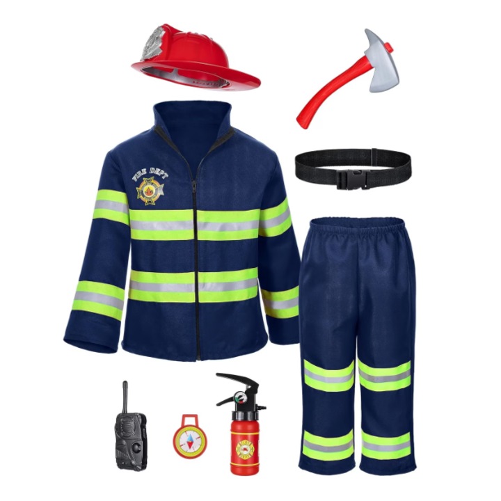 Set Costum carnaval de copii pompier, XGETOP®, cu accesorii, 130 cm