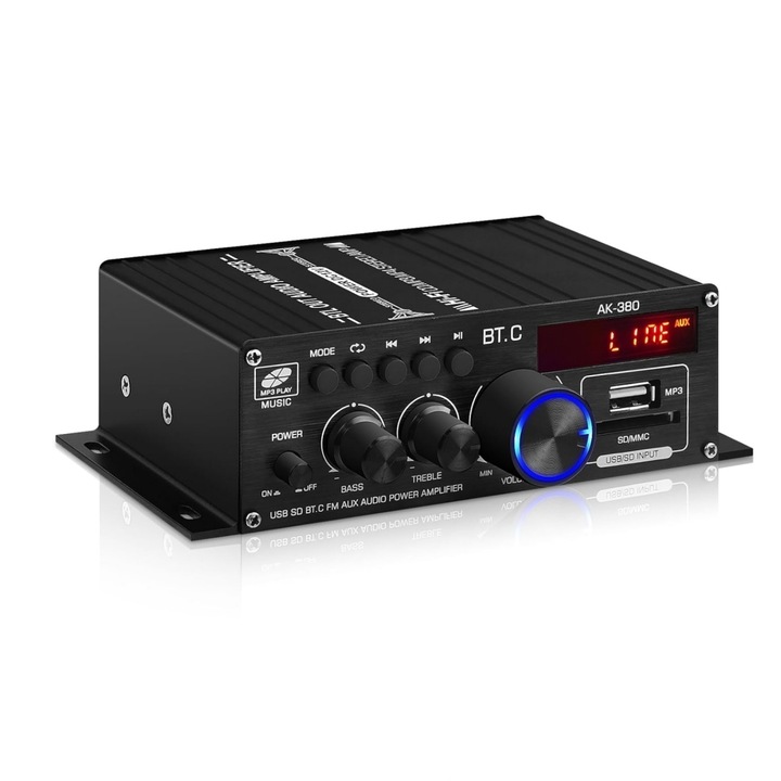 Цифров усилвател, MOSMAOO®, 2x40W, 2x400W, Bluetooth, MP3, FM, Hi-Fi стерео, дистанционно управление, черен
