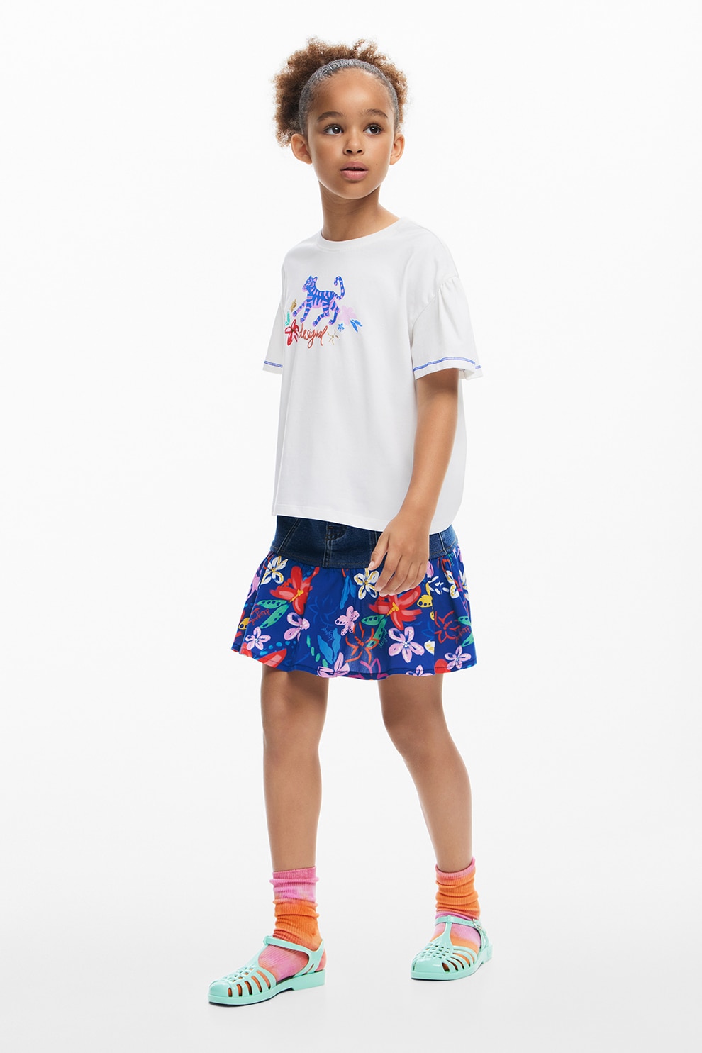 DESIGUAL, Tricou cu decolteu la baza gatului cu imprimeu, Alb, 164 CM