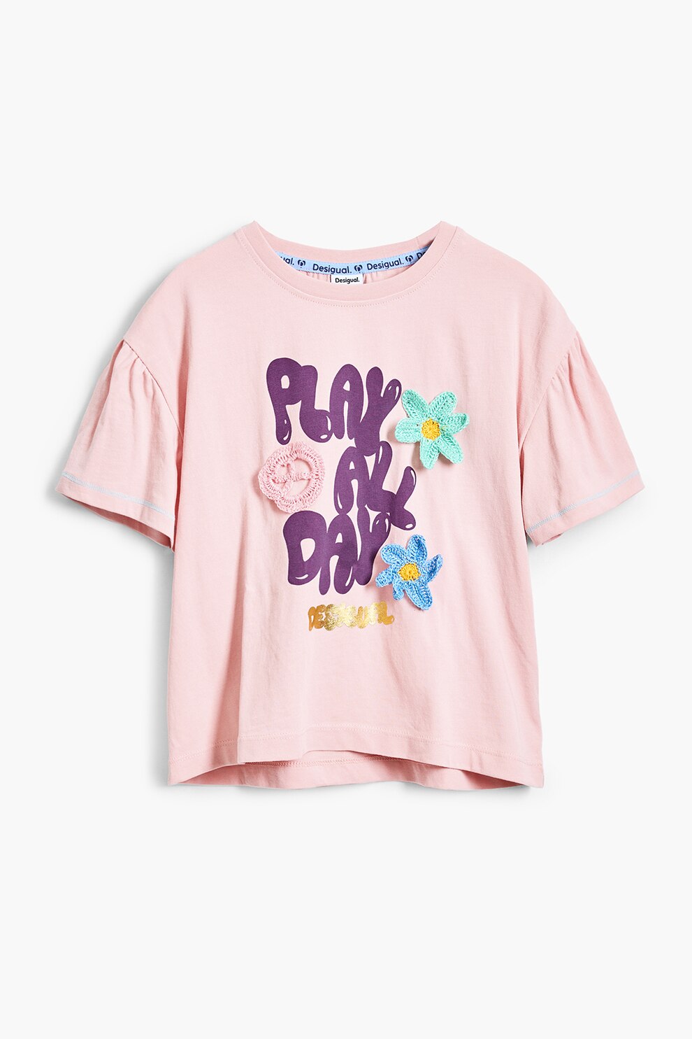 DESIGUAL, Tricou cu imprimeu grafic si flori brodate, Roz deschis, Ametist, 164 CM