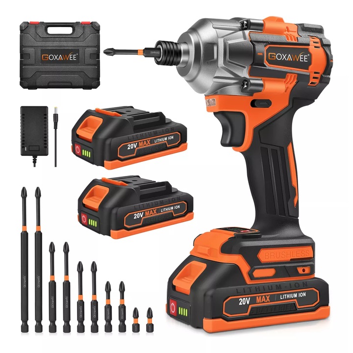 Ударен винтоверт, Goxawee, G5607A, 20V, 1/4", 320 Nm, 2400RPM, регулируема скорост, LED, пластмасова кутия, оранжево/черно
