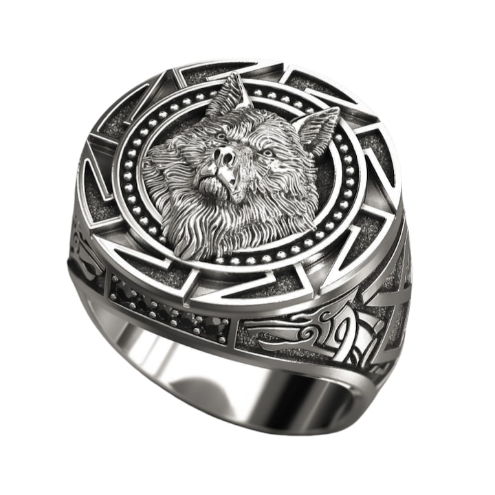 Inel pentru barbati lup retro, placat cu argint, argint